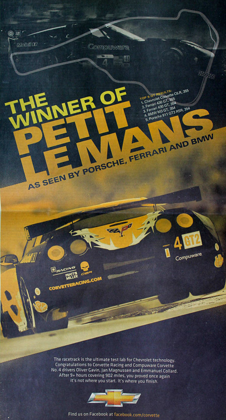 Chevy Acknowledges Petit Le Mans Win with USA Today Ad
