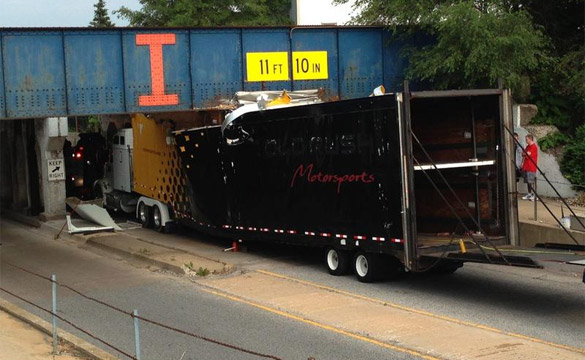 Truck Carrying Four Corvettes to Bloomington Gold Crashes into Low Bridge