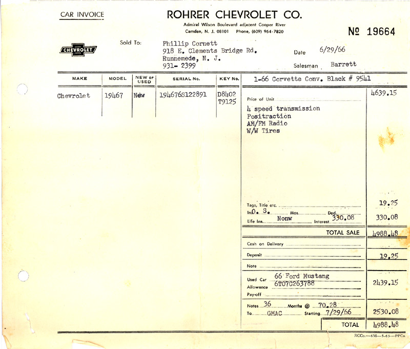 Factura de ventas de Corvette de 1966