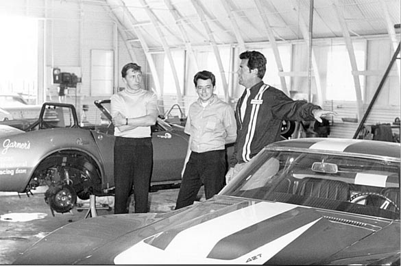 Dick Guldstrand and James Garner with the cars at Guldstrand's shop