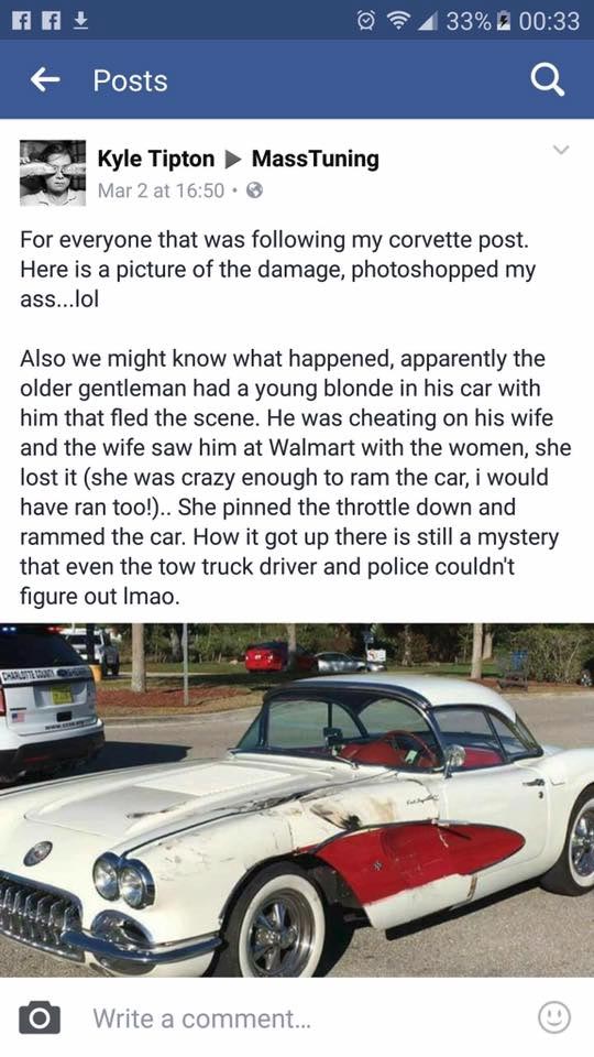 [ACCIDENT] Scorned Wife Parks Ford on Cheating Husband's 1958 Corvette at Walmart