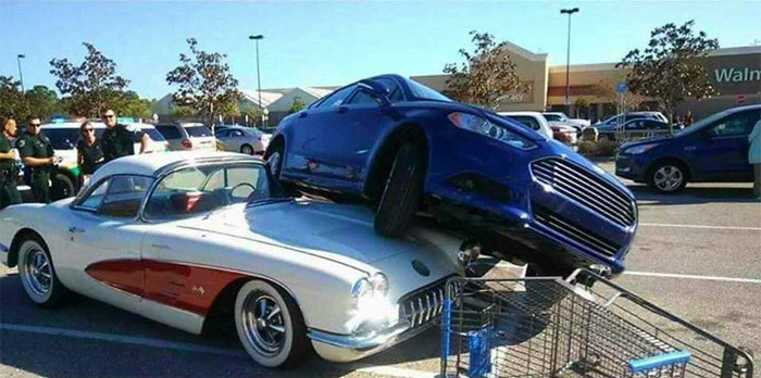 [ACCIDENT] Scorned Wife Parks Ford on Cheating Husband's 1958 Corvette at Walmart
