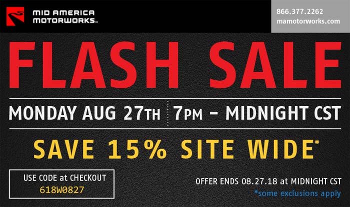 Flash Sale Tonight at Mid America Motorworks - Save 15 Percent Site Wide!