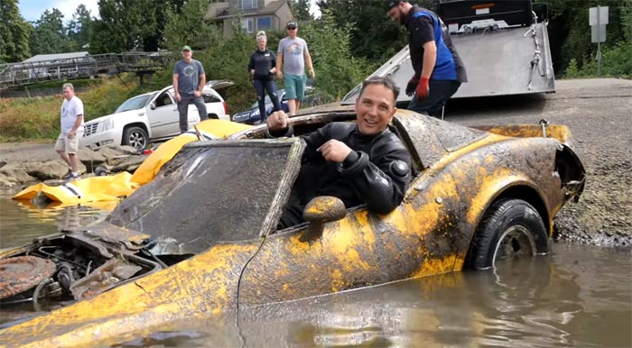 [VIDEO] Watch This Waterlogged Yellow 1980 Corvette Pulled From an Old Boat Ramp