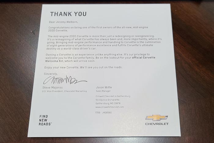 GM Sending Thank You Cards and Welcome Kits Following 2020 Corvette Purchases