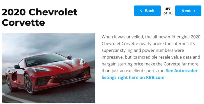 C8 Corvette Named One of Kelley Blue Book's 10 Most Awarded Cars of 2020
