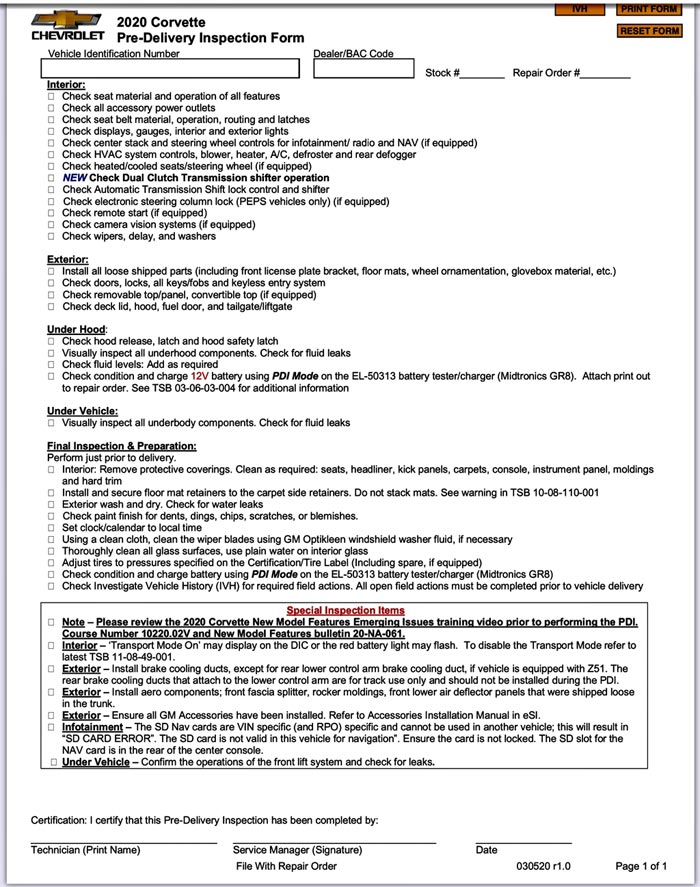2020 Corvette PDI Checklist