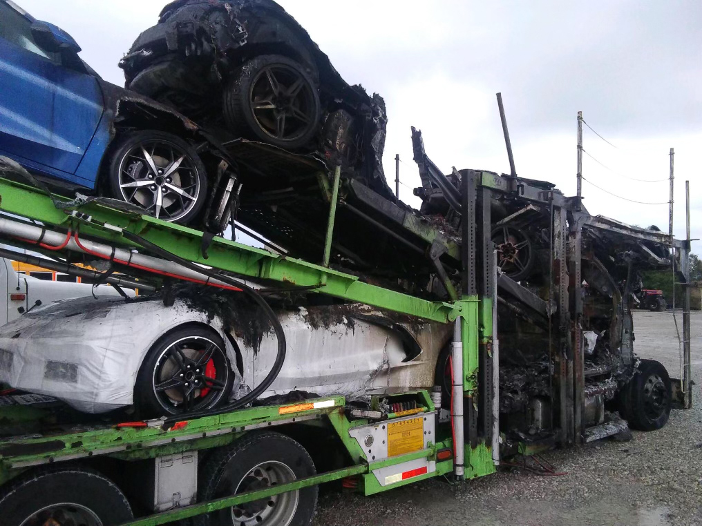 [VIDEO] A Truckload of New C8 Corvettes Goes Up In Flames