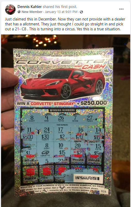 Man Wins a C8 Corvette from the Georgia Lottery but Dealers are Refusing to Play Along