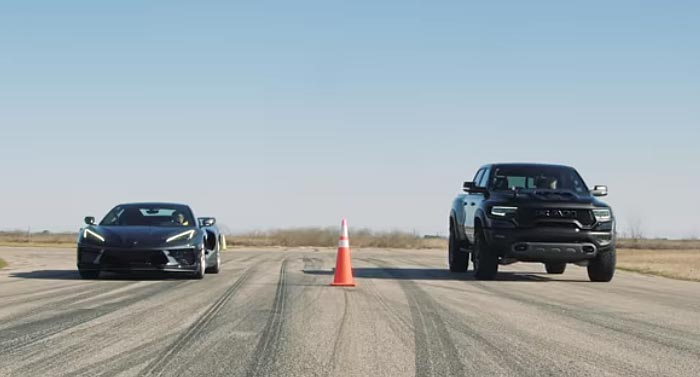 [VIDEO] Hennessey Races a C8 Corvette Convertible vs the Ram TRX and America Wins