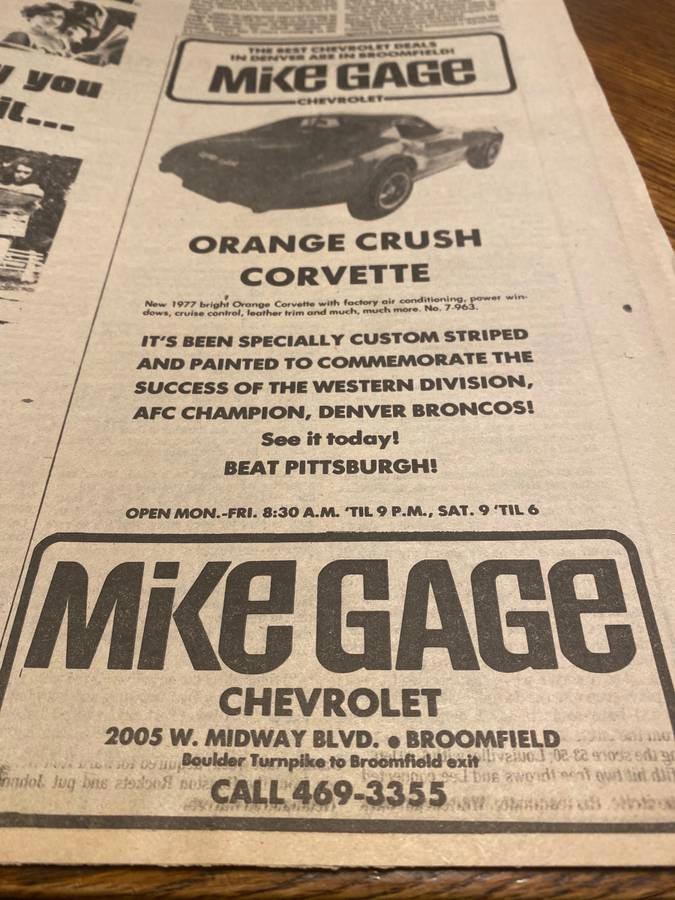 'Orange Crush' 1977 Corvette Famously Paraded with Broncos Head Coach Red Miller in AFC Championship Celebration