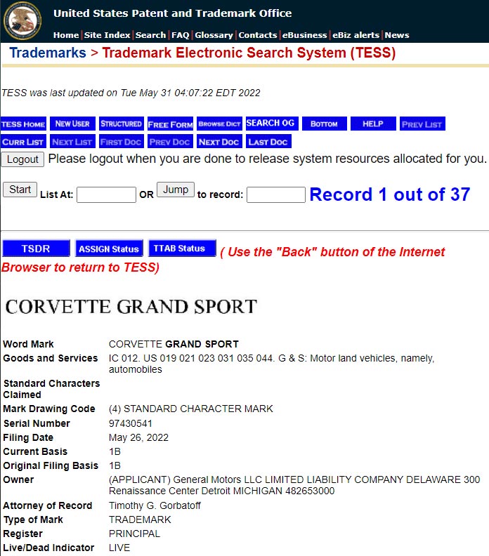 Corvette Grand Sport Trademark Filing