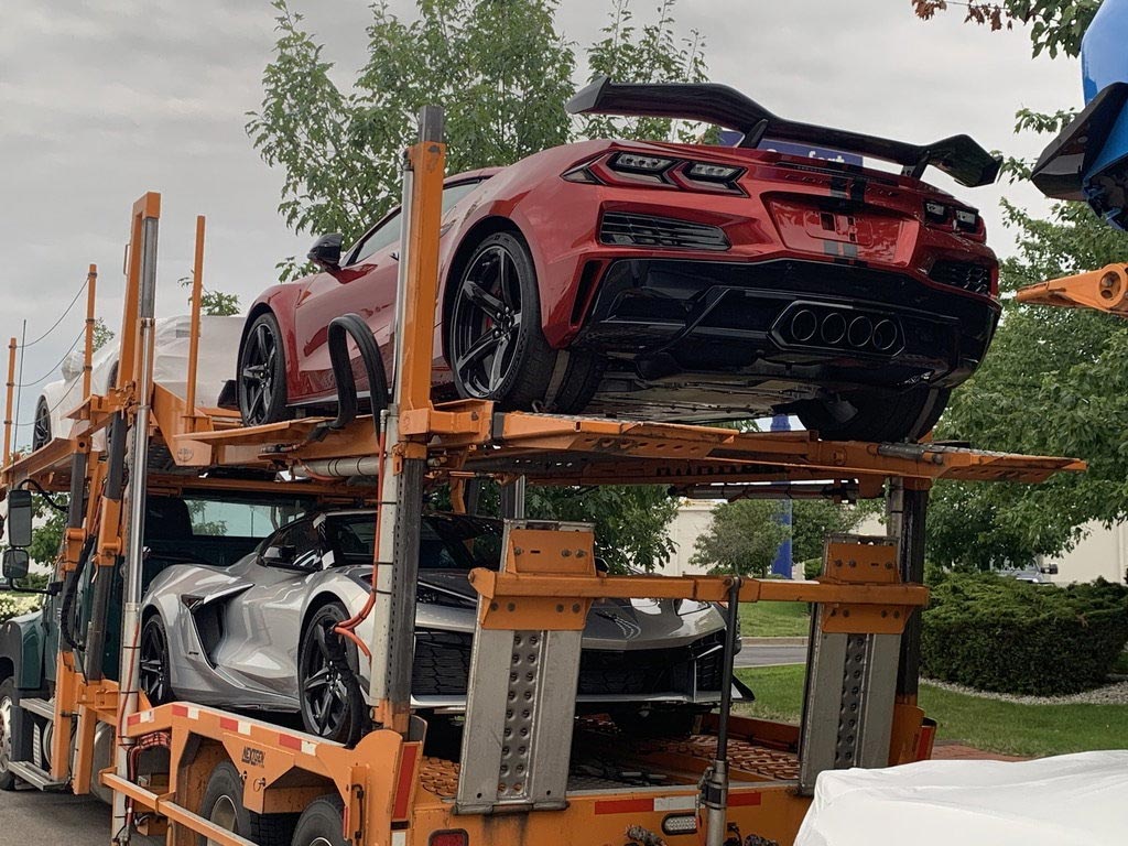 A load of Corvette Z06s on a Transporter in Ohio