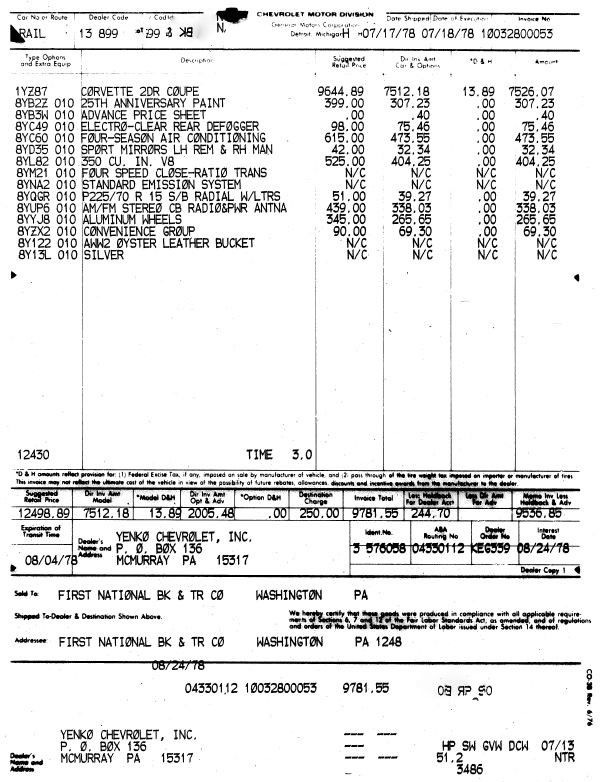 1978 Corvette Invoice