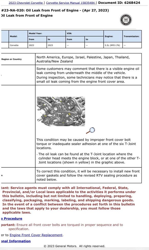 GM Has Issued a Service Bulletin for LT6 in Regards to Oil Leak from Front of Engine