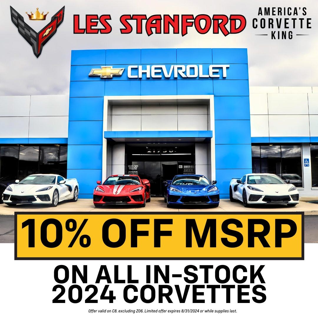 Les Stanford Chevrolet Is Now Selling In-Stock 2024 Corvette Stingrays at 10% OFF MSRP