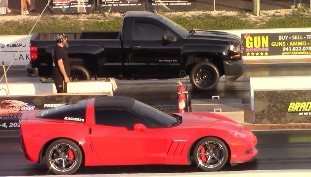 [VIDEO] Chevy Silverado Single Cab Bullys a C6 Corvette and Supra at the Dragstrip