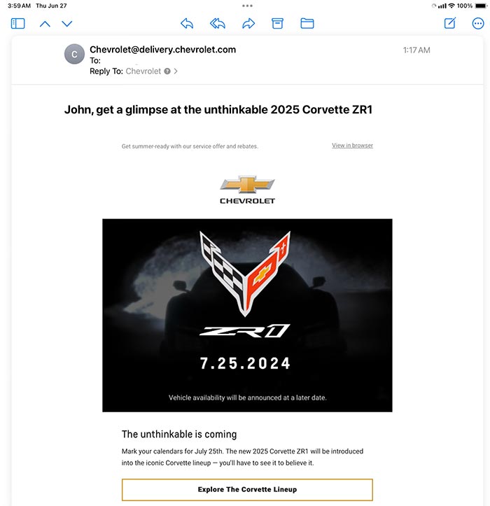 2025 Corvette ZR1 Email Teaser