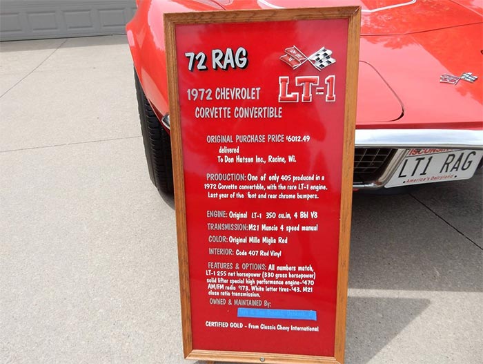 Corvettes for Sale: Long Time Owner Selling His 1972 Corvette LT-1 on Craigslist