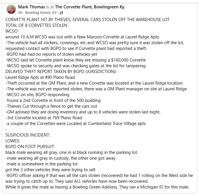 [STOLEN] Police Arrest Michigan Man in Theft of Eight Corvettes Including a New ZR1 from the Assembly Plant