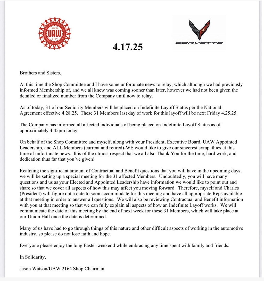 Corvette Assembly Plant Undergoes Staffing Reductions Following Assembly Line Changes