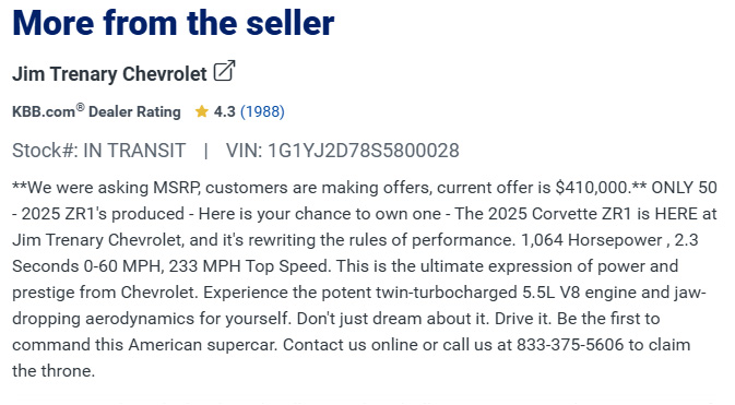 Corvettes for sale: Dealer Feigns Innocence While Slapping a Huge ADM on its 2025 Corvette ZR1