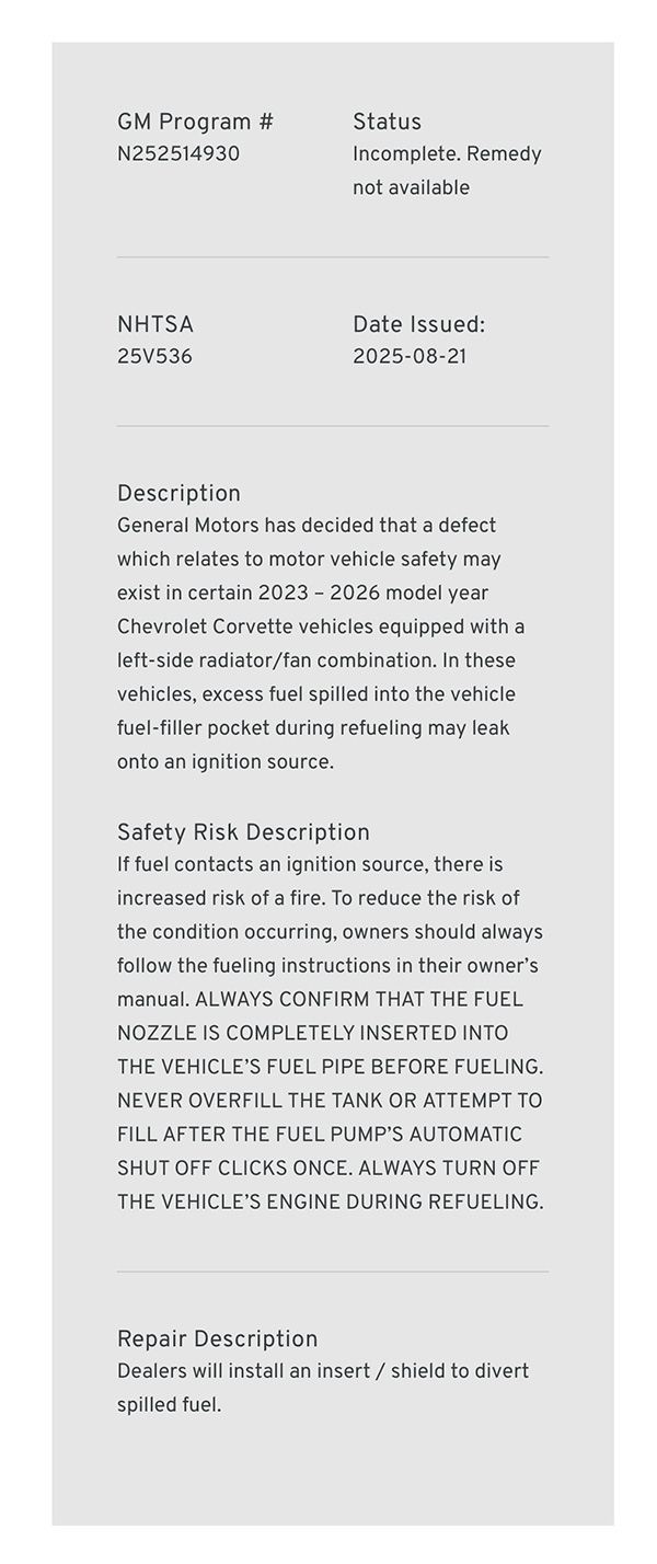 Z06 Recall Notice