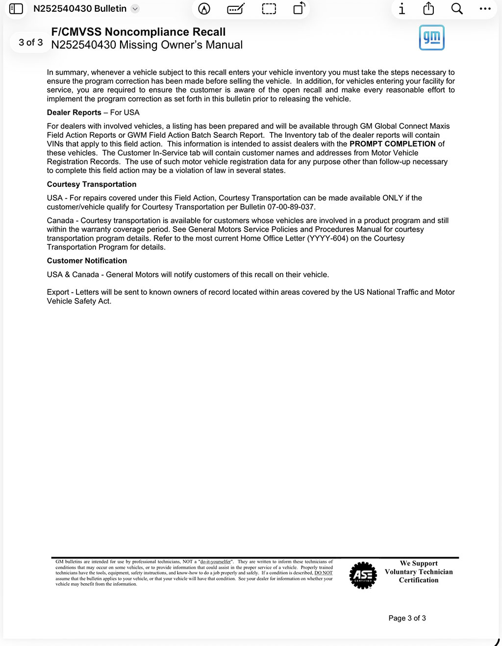 Stop Sale Order Over Missing Owner's Manual