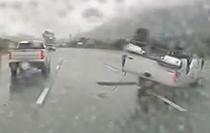 [ACCIDENT] C6 Corvette Doesn't Read the Road Conditions, Flips a Pickup in the Rain