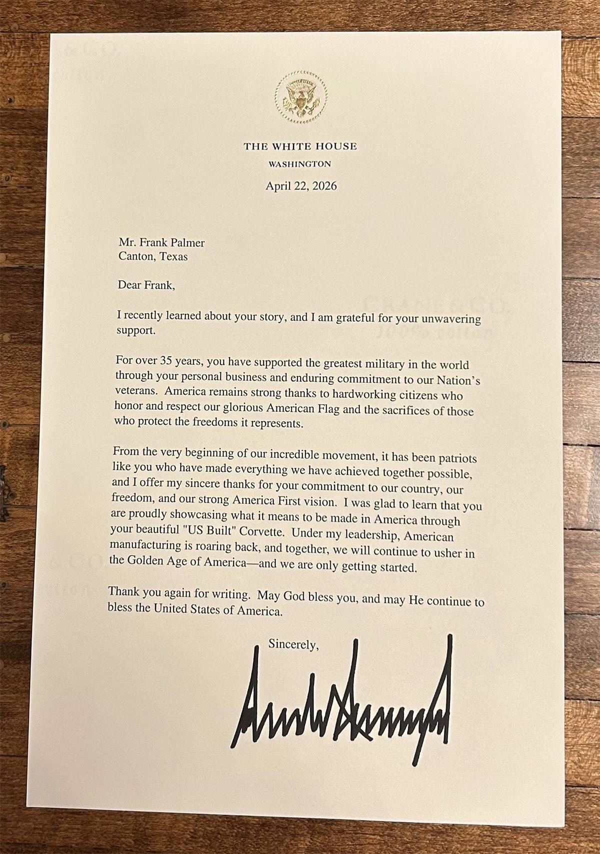 President Trump Autographs a Corvette Z06 Owner's Window Sticker