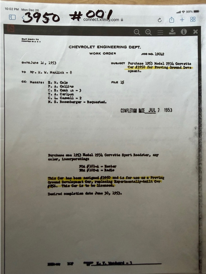 Chevrolet Engineering Work Order 19042