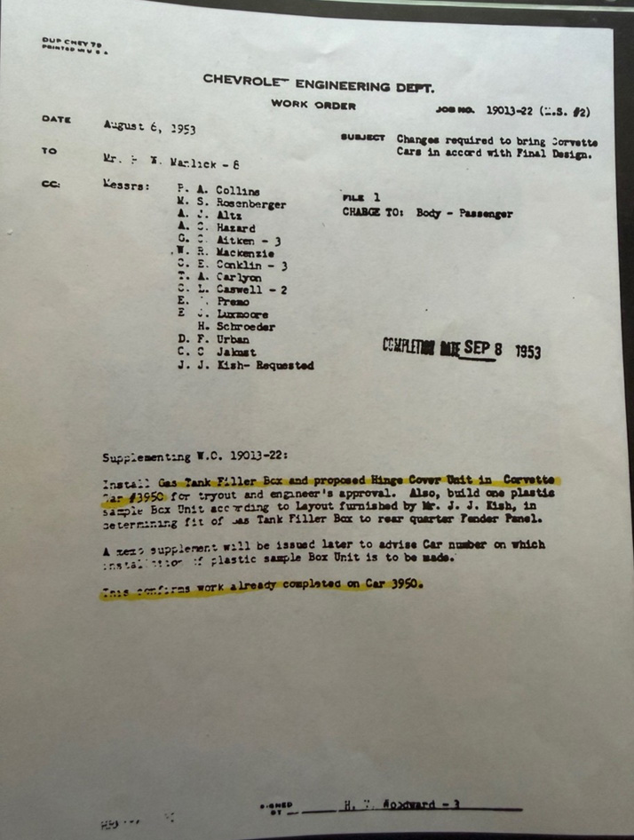 Chevrolet Work Order for Revised Gas-Tank Filler Box and Hinge Cover