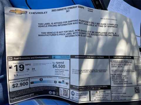 [PIC] Early 2023 Corvette Stingrays Shipped Without Pricing on the Monroney Label