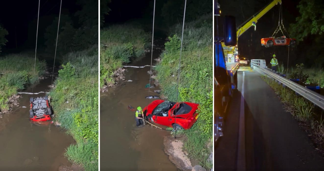 [ACCIDENT] Tow Truck Driver Goes Fishing for a C6 Corvette that Crash Landed in a Creek
