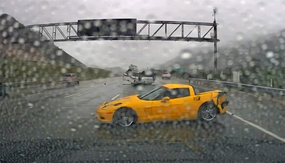 [ACCIDENT] C6 Corvette Doesn’t Read the Road Conditions, Flips a Pickup in the Rain